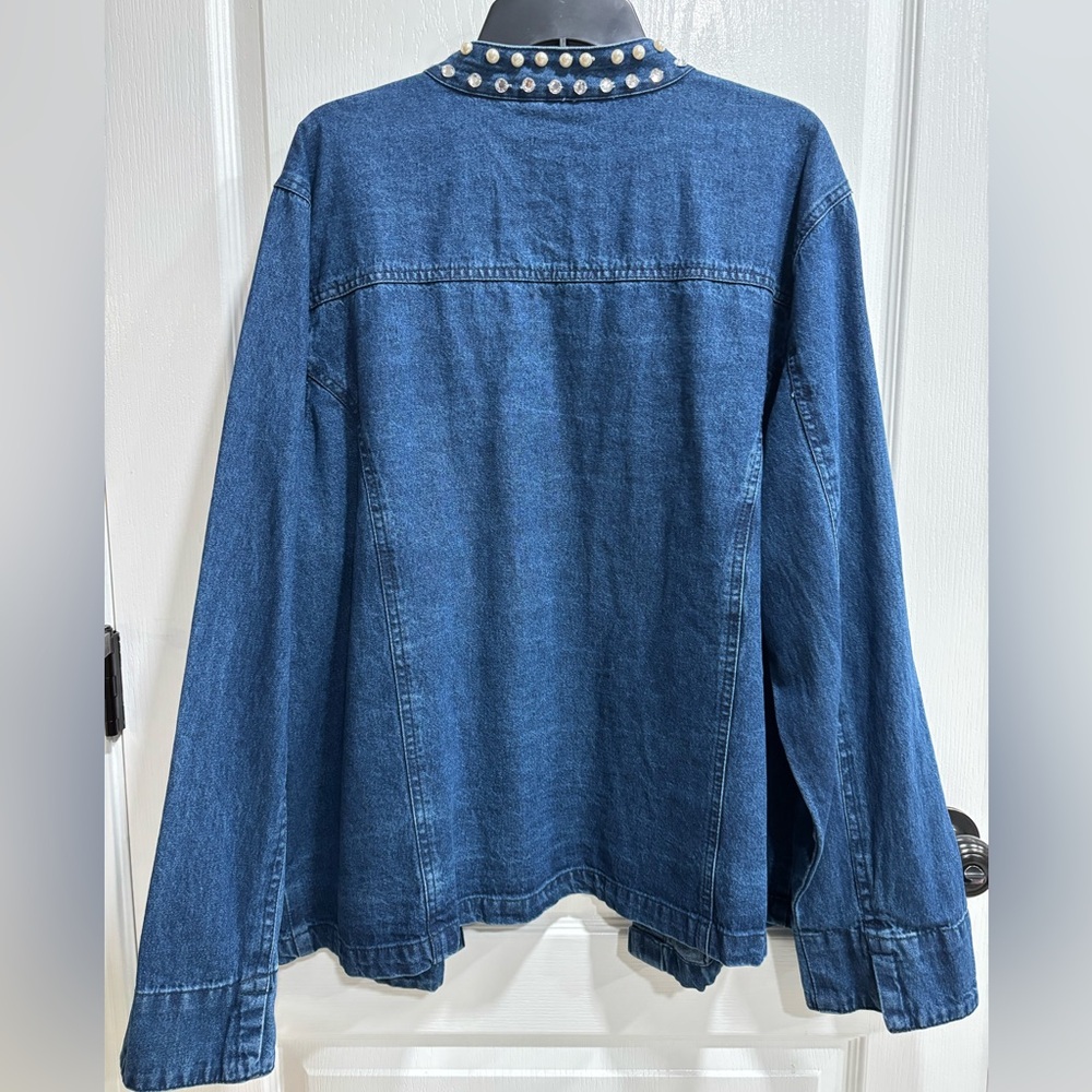 Women's Denim Open Front Jacket, Pearl and Rhinestone Embellishments - Picture 7 of 8